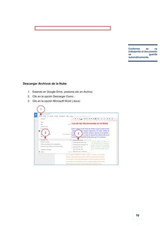 10
Descargar Archivos de la Nube
1. Estando en Google Drive, presione clic en Archivo
2. Clic en la opción Descargar Como…
3. Clic en la opción Microsoft Word (.docx)
Conforme se va
trabajando el documento
se guarda
automáticamente.
1
2 3
 