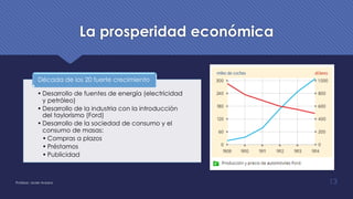 La prosperidad económica
• Desarrollo de fuentes de energía (electricidad
y petróleo)
• Desarrollo de la industria con la introducción
del taylorismo (Ford)
• Desarrollo de la sociedad de consumo y el
consumo de masas:
• Compras a plazos
• Préstamos
• Publicidad
Década de los 20 fuerte crecimiento
Profesor: Javier Anzano 13
 