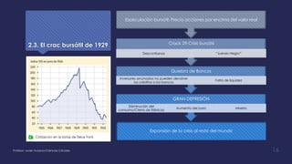 2.3. El crac bursátil de 1929
Profesor: Javier Anzano//Ciencias 2.0ciales 16
Expansión de la crisis al resto del mundo
GRAN DEPRESIÓN
Disminución del
consumo/Cierra de fábricas
Aumento del paro Miseria
Quiebra de Bancos
Inversores arruinados no pueden devolver
los créditos a los bancos
Falta de liquidez
Crack 29-Crisis bursátil
Desconfianza “Jueves Negro”
Especulación bursátil: Precio acciones por encima del valor real
 