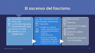 El ascenso del fascismoEn1919
Mussolini crea los
Fasci de
combate (grupos
paramilitares que
lucha contra
obreros y sus
dirigentes).
En1921
Se transforma en
Partido Nacional
Fascista.
•Objetivos: Estado
fuerte, garantía de la
propiedad privada y
política
expansionista.
•Apoyos: pequeña
burguesía, grandes
propietarios, Iglesia e
incluso el monarca.
Año1922
Elecciones
Derrota
Freno a la huelga
general
Marcha sobre
Roma
Mussolini se hace
con el poder.
Profesor: Javier Anzano//Ciencias 2.0ciales 24
 