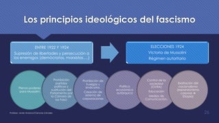 Los principios ideológicos del fascismo
ENTRE 1922 Y 1924
Supresión de libertades y persecución a
los enemigos (demócratas, marxistas….)
ELECCIONES 1924
Victoria de Mussolini
Régimen autoritario
Profesor: Javier Anzano//Ciencias 2.0ciales 26
Plenos poderes
para Mussolini
Prohibición
partidos
políticos y
sustitución del
Parlamento por
la Cámara de
los Fasci
Prohibición de
huelgas y
sindicatos.
Creación de
sistema de
corporaciones
Política
económica
autárquica
Control de la
sociedad
(OVRA)
Educación
Medios de
Comunicación.
Exaltación del
nacionalismo
(expansionismo
colonial à
Etiopia)
 