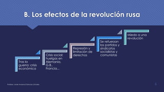 B. Los efectos de la revolución rusa
Tras la
guerra: crisis
económica
Crisis social:
huelgas en
Alemania,
G.B.,
Francia...
Represión y
limitación de
derechos
Se refuerzan
los partidos y
sindicatos
socialistas y
comunistas
Miedo a una
revolución
Profesor: Javier Anzano//Ciencias 2.0ciales 6
 