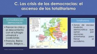 C. Las crisis de las democracias: el
ascenso de los totalitarismo
Profesor: Javier Anzano//Ciencias 2.0ciales 7
Consolidación
democracia
•Frenan la crisis y
el descontento
con el sufragio
universal y
coaliciones
•Francia, Reino
Unido, Bélgica…
Totalitarismo
• Zonas de escasa
tradición
democrática que
optan por
opciones
autoritarias para
frenar al
socialismo.
 