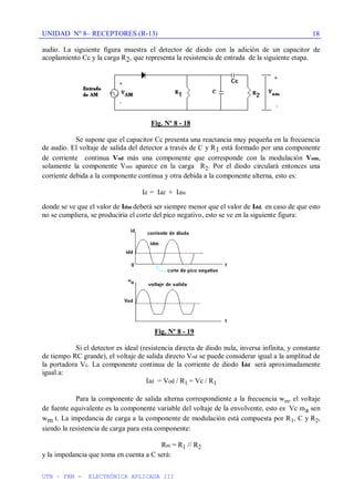 UNIDAD Nº 8– RECEPTORES (R-13)
UTN – FRM - ELECTRÓNICA APLICADA III
18
audio. La siguiente figura muestra el detector de diodo con la adición de un capacitor de
acoplamiento Cc y la carga R2, que representa la resistencia de entrada de la siguiente etapa.
Fig. Nº 8 - 18
Se supone que el capacitor Cc presenta una reactancia muy pequeña en la frecuencia
de audio. El voltaje de salida del detector a través de C y R1 está formado por una componente
de corriente continua Vod más una componente que corresponde con la modulación Vom,
solamente la componente Vom aparece en la carga R2. Por el diodo circulará entonces una
corriente debida a la componente continua y otra debida a la componente alterna, esto es:
Id = Idd + Idm
donde se ve que el valor de Idm deberá ser siempre menor que el valor de Idd, en caso de que esto
no se cumpliera, se produciría el corte del pico negativo, esto se ve en la siguiente figura:
Fig. Nº 8 - 19
Si el detector es ideal (resistencia directa de diodo nula, inversa infinita, y constante
de tiempo RC grande), el voltaje de salida directo Vod se puede considerar igual a la amplitud de
la portadora Vc. La componente continua de la corriente de diodo Idd será aproximadamente
igual a:
Idd = Vod / R1 = Vc / R1
Para la componente de salida alterna correspondiente a la frecuencia wm, el voltaje
de fuente equivalente es la componente variable del voltaje de la envolvente, esto es Vc ma sen
wm t. La impedancia de carga a la componente de modulación está compuesta por R1, C y R2,
siendo la resistencia de carga para esta componente:
Rm = R1 // R2
y la impedancia que toma en cuenta a C será:
 