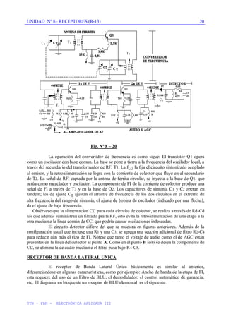 UNIDAD Nº 8– RECEPTORES (R-13)
UTN – FRM - ELECTRÓNICA APLICADA III
20
Fig. Nº 8 – 20
La operación del convertidor de frecuencia es como sigue: El transistor Q1 opera
como un oscilador con base comun. La base se pone a tierra a la frecuencia del oscilador local, a
través del secundario del transformador de RF, T1. La fLO la fija el circuito sintonizado acoplado
al emisor, y la retroalimentación se logra con la corriente de colector que fluye en el secundario
de T2. La señal de RF, captada por la antena de ferrita circular, se inyecta a la base de Q1, que
actúa como mezclador y oscilador. La componente de FI de la corriente de colector produce una
señal de FI a través de T3 y en la base de Q2. Los capacitores de sintonía C1 y C2 operan en
tandem; los de ajuste CT ajustan el arrastre de frecuencia de los dos circuitos en el extremo de
alta frecuencia del rango de sintonía, el ajuste de bobina de oscilador (indicado por una flecha),
da el ajuste de baja frecuencia.
Obsérvese que la alimentación CC para cada circuito de colector, se realiza a través de Rd-Cd
los que además suministran un filtrado pra la RF, esto evita la retroalimentación de una etapa a la
otra mediante la línea común de CC, que podría causar oscilaciones indeseadas.
El circuito detector difiere del que se muestra en figuras anteriores. Además de la
configuración usual que incluye una R1 y una C3, se agrega una sección adicional de filtro R2-C4
para reducir aún más el rizo de FI. Nótese que tanto el voltaje de audio como el de AGC están
presentes en la línea del detector al punto A. Como en el punto B solo se desea la componente de
CC, se elimina la de audio mediante el filtro pasa bajo R4-C5.
RECEPTOR DE BANDA LATERAL UNICA
El receptor de Banda Lateral Única básicamente es similar al anterior,
diferenciándose en algunas características, como por ejemplo: Ancho de banda de la etapa de FI,
esta requiere del uso de un Filtro de BLU, el demodulador, el control automático de ganancia,
etc. El diagrama en bloque de un receptor de BLU elemental es el siguiente:
T1
T2
T3
C3
C1
 