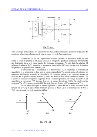 UNIDAD Nº 8– RECEPTORES (R-13)
UTN – FRM - ELECTRÓNICA APLICADA III
38
Fig. Nº 8 – 41
estas son luego demoduladas por un detector diodico, su funcionamiento es similar al detector de
pendiente balanceado, el esquema de este se puede ver en la figura siguiente:
El capacitor Cc, C1 y C2 representan un corto circuito a la frecuencia de FI, de esta
forma la señal de entrada de FI queda aplicada al choque L3 quedando conectada directamente
(en fase) entre tierra y el punto medio del bobinado secundario. Por otro lado la señal de FI
aplicada al primario de T1 induce en el secundario una tensión 180º fuera de fase con la tensión
del primario, la que se divide entre La y Lb.
El secundario de T1 se sintoniza a la frecuencia de FI, en resonancia la corriente del
secundario Is se encuentra en fase con la tensión secundaria Vs, además como el primario se
encuentra débilmente acoplado al secundario, el bobinado primario se comporta como un
inductor por lo que la corriente primaria Ip estará 90º fuera de fase con la tensión de entrada Vp
y como la inducción magnética depende de la corriente primaria, el voltaje inducido en el
secundario se encontrará 90º fuera de fase con la tensión de entrada (VL3). De esta forma las
tensiones Vla y VLb se encontrarán 180º fuera de fase una de otra y 90º respecto de la VL3.
Por lo antes descripto la tensión aplicada al diodo D1 es la suma vectorial de la
tensión Vla y VL3 y de igual modo la tensión aplicada al diodo D2 es la suma vectorial de VLb y
VL3, esto se puede ver en la siguiente gráfica:
Fig. Nº 8 – 42
 