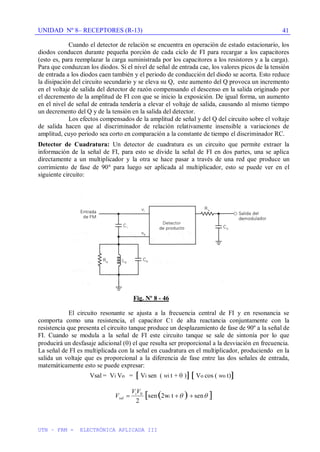 UNIDAD Nº 8– RECEPTORES (R-13)
UTN – FRM - ELECTRÓNICA APLICADA III
41
Cuando el detector de relación se encuentra en operación de estado estacionario, los
diodos conducen durante pequeña porción de cada ciclo de FI para recargar a los capacitores
(esto es, para reemplazar la carga suministrada por los capacitores a los resistores y a la carga).
Para que conduzcan los diodos. Si el nivel de señal de entrada cae, los valores picos de la tensión
de entrada a los diodos caen también y el periodo de conducción del diodo se acorta. Esto reduce
la disipación del circuito secundario y se eleva su Q, este aumento del Q provoca un incremento
en el voltaje de salida del detector de razón compensando el descenso en la salida originado por
el decremento de la amplitud de FI con que se inicio la exposición. De igual forma, un aumento
en el nivel de señal de entrada tendería a elevar el voltaje de salida, causando al mismo tiempo
un decremento del Q y de la tensión en la salida del detector.
Los efectos compensados de la amplitud de señal y del Q del circuito sobre el voltaje
de salida hacen que al discriminador de relación relativamente insensible a variaciones de
amplitud, cuyo periodo sea corto en comparación a la constante de tiempo el discriminador RC.
Detector de Cuadratura: Un detector de cuadratura es un circuito que permite extraer la
información de la señal de FI, para esto se divide la señal de FI en dos partes, una se aplica
directamente a un multiplicador y la otra se hace pasar a través de una red que produce un
corrimiento de fase de 90 para luego ser aplicada al multiplicador, esto se puede ver en el
siguiente circuito:
Fig. Nº 8 - 46
El circuito resonante se ajusta a la frecuencia central de FI y en resonancia se
comporta como una resistencia, el capacitor C1 de alta reactancia conjuntamente con la
resistencia que presenta el circuito tanque produce un desplazamiento de fase de 90º a la señal de
FI. Cuando se modula a la señal de FI este circuito tanque se sale de sintonía por lo que
producirá un desfasaje adicional ( ) el que resulta ser proporcional a la desviación en frecuencia.
La señal de FI es multiplicada con la señal en cuadratura en el multiplicador, produciendo en la
salida un voltaje que es proporcional a la diferencia de fase entre las dos señales de entrada,
matemáticamente esto se puede expresar:
Vsal = Vi Vo = Vi sen ( wi t + ) Vo cos ( wo t)
]
)
(
[ sen
t
2w
sen
2
i
0
V
V
V i
sal
 