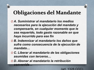 Obligaciones del Mandante
O A. Suministrar al mandatario los medios
necesarios para la ejecución del mandato y
compensarle, en cualquier momento que le
sea requerido, todo gasto razonable en que
haya incurrido para ese fin
O B. Indemnizar al mandatario los daños que
sufra como consecuencia de la ejecución de
mandato…
O C. Liberar al mandatario de las obligaciones
asumidas con terceros…
O D. Abonar al mandatario la retribución
convenida…
 