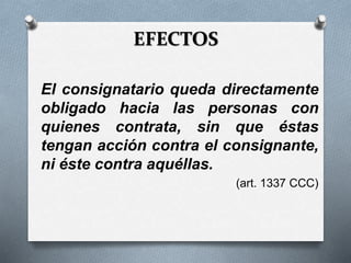EFECTOS
El consignatario queda directamente
obligado hacia las personas con
quienes contrata, sin que éstas
tengan acción contra el consignante,
ni éste contra aquéllas.
(art. 1337 CCC)
 