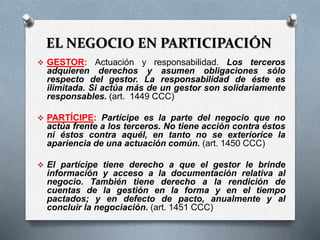EL NEGOCIO EN PARTICIPACIÓN
 GESTOR: Actuación y responsabilidad. Los terceros
adquieren derechos y asumen obligaciones sólo
respecto del gestor. La responsabilidad de éste es
ilimitada. Si actúa más de un gestor son solidariamente
responsables. (art. 1449 CCC)
 PARTÍCIPE: Partícipe es la parte del negocio que no
actúa frente a los terceros. No tiene acción contra éstos
ni éstos contra aquél, en tanto no se exteriorice la
apariencia de una actuación común. (art. 1450 CCC)
 El partícipe tiene derecho a que el gestor le brinde
información y acceso a la documentación relativa al
negocio. También tiene derecho a la rendición de
cuentas de la gestión en la forma y en el tiempo
pactados; y en defecto de pacto, anualmente y al
concluir la negociación. (art. 1451 CCC)
 