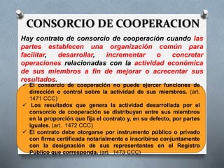 CONSORCIO DE COOPERACION
Hay contrato de consorcio de cooperación cuando las
partes establecen una organización común para
facilitar, desarrollar, incrementar o concretar
operaciones relacionadas con la actividad económica
de sus miembros a fin de mejorar o acrecentar sus
resultados.
(art. 1470 CCC)
 El consorcio de cooperación no puede ejercer funciones de
dirección o control sobre la actividad de sus miembros. (art.
1471 CCC)
 Los resultados que genera la actividad desarrollada por el
consorcio de cooperación se distribuyen entre sus miembros
en la proporción que fija el contrato y, en su defecto, por partes
iguales. (art. 1472 CCC)
 El contrato debe otorgarse por instrumento público o privado
con firma certificada notarialmente e inscribirse conjuntamente
con la designación de sus representantes en el Registro
Público que corresponda. (art. 1473 CCC)
 