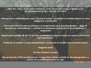 (Neel, M.C. 2002. Conservation implications of the reproductive ecology of Agalinis acuta
                          (Scrophulariaceae). Amer. J. Bot. 89: 972-980)


Potencial para la autofertilización antes y durante la antesis – producción de semillas después de cruces
                                        autógamos y entrecruzados

   Información indirecta sobre los patrones y el mantenimiento de la diversidad genética – riesgo de
    depresión por autofertilización – cambios en la abundancia y efectividad de los polnizadores 
                                              conservación

Especie autocompatible  97% de las flores autofertilizadas producen frutos (no requiere polinizadores
                                        para reproducirse)

  Producción de semillas en frutos autopolinizados < producción de semillas con polinización natural

                                           Autogamia tardía

                                      No tiene limitación de polen

 Alta reproducción (2400 semillas/planta)  riesgo futuro debido a pérdida de diversidad genética o a
                            pérdida de los polinizadores parece ser bajo
 