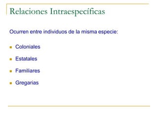 Relaciones Intraespecíficas

Ocurren entre individuos de la misma especie:

   Coloniales

   Estatales

   Familiares

   Gregarias
 