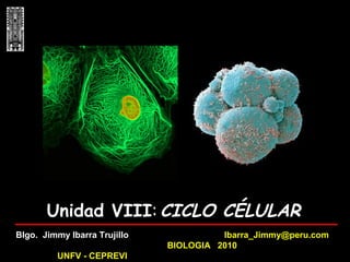 Blgo. Jimmy Ibarra Trujillo Ibarra_Jimmy@peru.com
BIOLOGIA 2010
UNFV - CEPREVI
Unidad VIII: CICLO CÉLULAR
 