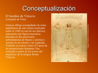 Conceptualización
El hombre de Vitruvio
Leonardo da Vinci

Famoso dibujo acompañado de notas




                                        Imagen: Wikipedia, la enciclopedia libre
anatómicas de este artista (realizado
sobre el 1490 en uno de sus diarios),
representa una figura masculina
desnuda en dos posiciones
sobreimpresas de brazos y piernas e
inscrita en un círculo y un cuadrado.
También se conoce como el Canon de
las proporciones humanas. Fue
realizado a partir de los textos del
arquitecto de la antigua Roma:
Vitruvio.
 
