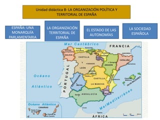 Unidad didáctica 8- LA ORGANIZACIÓN POLÍTICA Y
TERRITORIAL DE ESPAÑA
ESPAÑA: UNA
MONARQUÍA
PARLAMENTARIA
LA ORGANIZACIÓN
TERRITORIAL DE
ESPAÑA
EL ESTADO DE LAS
AUTONOMÍAS
LA SOCIEDAD
ESPAÑOLA
 