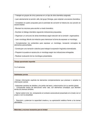 3



- Trabajan en grupos de cinco personas en un tipo de obra dramática asignada.

- Leen atentamente la canción Jefe, del grupo Sinergia, para redactar una escena dramática.

- Completan el cuadro propuesto para la actividad de convertir la historia de una canción en
escena teatral.

- Revisan los recursos para escribir un texto dramático.

- Escriben el diálogo dramático siguiendo indicaciones propuestas.

- Organizan un concurso de obras dramáticas según elección de la comisión organizadora.

- Leen monólogo Monito de imitación para interiorizar la forma de expresar un monólogo.

- Complementan los contenidos para expresar un monólogo, revisando conceptos de
elementos paraverbales.

- Construyen una narración colectiva para trabajar la expresión lingüística dramatizada.

- Preparan la puesta en escena de un monólogo según las indicaciones entregadas.

- Realizan evaluación de los monólogos presentados.


Tiempo aproximado requerido


3 a 4 semanas



Habilidades previas


- Extraer información explícita de elementos complementarios que precisan o amplían la
información central.

- Interpretar sentidos de detalles y de partes del texto y relacionarlos con su sentido global.
- Comprender textos de estructuras varia- das, con elementos complejos, que abordan
temas de diversos ámbitos.

- Opinar sobre lo leí- do, comparando el contexto sociocultural presentado en el texto con el
propio o con la actualidad.


- Descubrir y potenciar la capacidad creativa y su apreciación estética frente a los temas
abordados.



Materiales y recursos necesarios para la Unidad
 