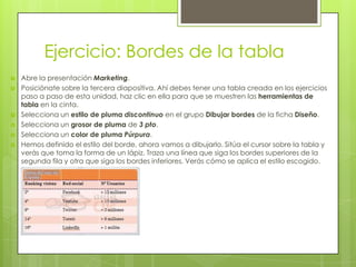 Ejercicio: Bordes de la tabla
 Abre la presentación Marketing.
 Posiciónate sobre la tercera diapositiva. Ahí debes tener una tabla creada en los ejercicios
paso a paso de esta unidad, haz clic en ella para que se muestren las herramientas de
tabla en la cinta.
 Selecciona un estilo de pluma discontinuo en el grupo Dibujar bordes de la ficha Diseño.
 Selecciona un grosor de pluma de 3 pto.
 Selecciona un color de pluma Púrpura.
 Hemos definido el estilo del borde, ahora vamos a dibujarlo. Sitúa el cursor sobre la tabla y
verás que toma la forma de un lápiz. Traza una línea que siga los bordes superiores de la
segunda fila y otra que siga los bordes inferiores. Verás cómo se aplica el estilo escogido.
 