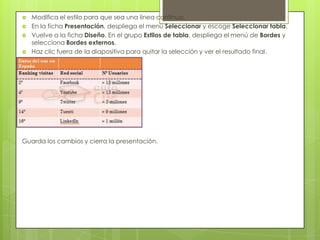  Modifica el estilo para que sea una línea continua.
 En la ficha Presentación, despliega el menú Seleccionar y escoge Seleccionar tabla.
 Vuelve a la ficha Diseño. En el grupo Estilos de tabla, despliega el menú de Bordes y
selecciona Bordes externos.
 Haz clic fuera de la diapositiva para quitar la selección y ver el resultado final.
Guarda los cambios y cierra la presentación.
 