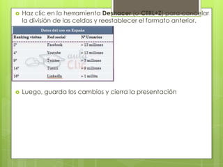  Haz clic en la herramienta Deshacer (o CTRL+Z) para cancelar
la división de las celdas y reestablecer el formato anterior.
 Luego, guarda los cambios y cierra la presentación
 