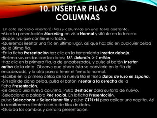 10. INSERTAR FILAS O
COLUMNAS
•En este ejercicio insertarás filas y columnas en una tabla existente.
•Abre la presentación Marketing en vista Normal y sitúate en la tercera
diapositiva que contiene la tabla.
•Queremos insertar una fila en último lugar, así que haz clic en cualquier celda
de la útima fila.
•En la ficha Presentación haz clic en la herramienta Insertar debajo.
•Rellena sus celdas con los datos: 16º, LinkedIn, > 1 millón.
•Haz clic en la primera fila, la de encabezados, y pulsa el botón Insertar
arriba de la cinta. Observa que ahora ésta se convierte en la fila de
encabezado, y la otra pasa a tener el formato normal.
•Escribe en la primera celda de la nueva fila el texto Datos de luso en España.
•Sin salir de dicha celda, pulsa el botón Insertar a la derecha de la
ficha Presentación.
•Se creará una nueva columna. Pulsa Deshacer para quitarla de nuevo.
•Selecciona la palabra Red social. En la ficha Presentación,
pulsa Seleccionar > Seleccionar fila y pulsa CTRL+N para aplicar una negrita. Así
la resaltaremos frente al resto de filas de datos.
•Guarda los cambios y cierra la presentación.
 
