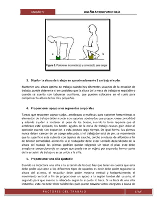 UNIDAD IV DISEÑO ANTROPOMETRICO
F A C T O R E S D E L T R A B A J O 6 “M”
3. Diseñar la altura de trabajo en aproximadamente 5 cm bajo el codo
Mantener una altura óptima de trabajo cuando hay diferentes usuarios de la estación de
trabajo, puede obtenerse si se considera que la altura de la mesa de trabajo es regulable o
cuando se cuenta con taburetes auxiliares, que pueden colocarse en el suelo para
compensar la altura de los más pequeños.
4. Proporcionar apoyo a los segmentos corporales
Tareas que requieren apoyar codos, antebrazos o muñecas para sostener herramientas o
elementos de trabajo deben contar con soportes acojinados que proporcionen comodidad
y además ayuden a sostener el peso de los brazos, cuando la tarea requiere que el
antebrazo este apoyado, los bordes agudos de la mesa de trabajo causan gran dolor al
operador cuando son expuestos a esta postura largo tiempo. De igual forma, las piernas
nunca deben carecer de un apoyo adecuado, si el trabajador está de pie, se recomienda
que la superficie este cubierta con tapetes de caucho, corcho o retazos de alfombra a fin
de brindar comodidad, asimismo si el trabajador debe estar sentado dependiendo de la
altura del trabajo las piernas podrían quedar colgando sin tocar el piso, esto debe
arreglarse proporcionando un apoyo que puede ser un objeto por separado, formar parte
de la estación de trabajo o estar unido a la silla.
5. Proporcionar una silla ajustable
Cuando se incorpora una silla a la estación de trabajo hay que tener en cuenta que esta
debe poder ajustarse a los diferentes tipos de usuarios es decir debe poder regularse la
altura del asiento, el respaldar debe poder moverse vertical y horizontalmente; el
movimiento vertical a fin de proporcionar un apoyo a la región lumbar del usuario, el
segundo para que avance o retroceda según la espalda lo hace. Si se trata de una silla
industrial, esta no debe tener ruedecillas pues puede provocar actos inseguros a causa de
 