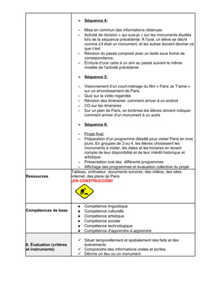 ➢ Séquence 4: 
– Mise en commun des informations obtenues 
– Activité de révision « qui suis-je » sur les monuments étudiés 
lors de la séquence précédente: À l'oral, un élève se décrit 
comme s'il était un monument, et les autres doivent deviner ce 
que c'est 
– Révision du passé composé avec un texte sous forme de 
correspondance. 
– Écriture d'une carte à un ami au passé suivant le même 
modèle de l'activité précédente 
➢ Séquence 5: 
– Visionnement d'un court-métrage du film « Paris Je T'aime » 
sur un arrondissement de Paris 
– Quiz sur la vidéo regardée 
– Révision des itinéraires: comment arriver à un endroit 
– CO sur les itinéraires 
– Sur un plan de Paris, en binômes les élèves doivent indiquer 
comment arriver d'un monument à un autre 
➢ Séquence 6; 
– Projet final : 
– Préparation d'un programme détaillé pour visiter Paris en trois 
jours. En groupes de 3 ou 4, les élèves choisissent les 
monuments à visiter, les dates et les horaires en tenant 
compte de leur disponibilité et de leur intérêt historique et 
artistique. 
– Présentation oral des différents programmes 
– Affichage des programmes et évaluation collective du projet 
Ressources 
Tableau, ordinateur, documents sonores, des vidéos, des sites 
internet, des plans de Paris 
¡EN CONSTRUCCIÓN! 
Compétences de base 
 Compétence linguistique 
 Compétence culturelle 
 Compétence artistique 
 Compétence sociale 
 Compétence technologique 
 Compétence d'apprendre à apprendre 
8. Évaluation (critères 
et instruments) 
 Situer temporellement et spatialement des faits et des 
évènements 
 Comprendre des informations orales et écrites 
 Décrire un lieu ou un monument 
 