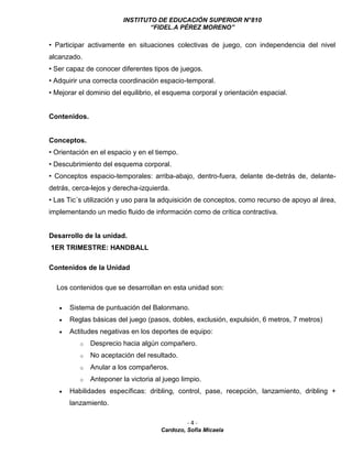 INSTITUTO DE EDUCACIÓN SUPERIOR N°810
“FIDEL.A PÉREZ MORENO”
- 4 -
Cardozo, Sofía Micaela
• Participar activamente en situaciones colectivas de juego, con independencia del nivel
alcanzado.
• Ser capaz de conocer diferentes tipos de juegos.
• Adquirir una correcta coordinación espacio-temporal.
• Mejorar el dominio del equilibrio, el esquema corporal y orientación espacial.
Contenidos.
Conceptos.
• Orientación en el espacio y en el tiempo.
• Descubrimiento del esquema corporal.
• Conceptos espacio-temporales: arriba-abajo, dentro-fuera, delante de-detrás de, delante-
detrás, cerca-lejos y derecha-izquierda.
• Las Tic´s utilización y uso para la adquisición de conceptos, como recurso de apoyo al área,
implementando un medio fluido de información como de crítica contractiva.
Desarrollo de la unidad.
1ER TRIMESTRE: HANDBALL
Contenidos de la Unidad
Los contenidos que se desarrollan en esta unidad son:
 Sistema de puntuación del Balonmano.
 Reglas básicas del juego (pasos, dobles, exclusión, expulsión, 6 metros, 7 metros)
 Actitudes negativas en los deportes de equipo:
o Desprecio hacia algún compañero.
o No aceptación del resultado.
o Anular a los compañeros.
o Anteponer la victoria al juego limpio.
 Habilidades específicas: dribling, control, pase, recepción, lanzamiento, dribling +
lanzamiento.
 