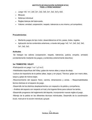 INSTITUTO DE EDUCACIÓN SUPERIOR N°810
“FIDEL.A PÉREZ MORENO”
- 6 -
Cardozo, Sofía Micaela
 Juego 1x0, 1x1, 2x0, 2x1, 2x2, 3x0, 3x1, 3x2, 3x3 y 5x5.
 Bloqueo
 Defensa individual
 Reglas básicas del baloncesto.
 Valores: amistad, cooperación, respeto, tolerancia a uno mismo y al compañero.
Procedimientos
 Mediante juegos de tipo motor, desarrollaremos el tiro, pases, botes, regates.
 Aplicación de los contenidos anteriores, a través del juego 1x0, 1x1, 2x0, 2x2, 3x0,
3x1, 3x2, 3x3.
Actitudes
Se trabajan los valores (cooperación, respeto, tolerancia, justicia, empatía, amistad)
constantemente mediante los juegos y contenidos anteriormente descritos)
3er TRIMESTRE: VOLEY
-Participación en juego 1 vs 1 y 2 vs 2.
-Habilidades específicas del Vóley: golpe de manos altas y saque de abajo.
-Lectura de trayectoria de la pelota (altas, bajas y sin pique). Técnica: golpe con mano altas,
saque y golpe de manos bajas.
-Reconocimiento del espacio físico, cancha, dimensiones y zonas. - Responsabilidades
técnico tácticas en el espacio de juego.
-Desarrollo de los distintos desplazamientos con respecto a la pelota y compañeros.
- Análisis del espacio con respecto al rival y los lugares libres para colocar los tantos.
-Desarrollo progresivo del reglamento del deporte, incorporando nuevas reglas al juego.
-Manejo de la pelota en las diferentes técnicas individuales. Desarrollo de la coordinación
óculo, manual en la acción individual y grupal.
 