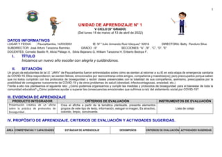 1
UNIDAD DE APRENDIZAJE N° 1
V CICLO (6° GRADO)
(Del lunes 14 de marzo al 13 de abril de 2022)
DATOS INFORMATIVOS
LUGAR Y FECHA : Paucarbamba, 14/03/2022 IE: N° “Julio Armando Ruiz Vázquez” 32014 DIRECTORA: Betty Panduro Silva
SUBDIRECTOR: José Arturo Tarazona Ramírez. GRADO : 6° SECCIONES: “A” ,”B” , “C”, “D”, “E”
DOCENTES: Cornelio Basilio R, Alicia Piélago A, Silvia Bejarano G, William Tarazona H, Eriberto Bedoya F.
I. TÍTULO
Iniciamos un nuevo año escolar con alegría y cuidándonos.
II. SITUACIÓN
Un grupo de estudiantes de la I.E “JARV” de Paucarbamba fueron entrevistados sobre cómo se sienten al retornar a su IE en esta etapa de emergencia sanitaria
de COVID-19. Ellos respondieron; se sienten felices, emocionados por reencontrarse entre amigos, compañeros y maestras(os); pero preocupados porque saben
que no todos cumplirán con los protocolos de bioseguridad y recibir clases presenciales con la totalidad de sus compañeros, asimismo, preocupados por la
posibilidad de contagiarse nuevamente de COVID-19 y de otros problemas de salud (obesidad, infectocontagiosas, ansiedad, etc.)
Frente a ello nos planteamos el siguiente reto: ¿Cómo podemos organizarnos y cumplir las medidas y protocolos de bioseguridad para el bienestar de toda la
comunidad educativa? ¿Cómo podemos ayudar a superar las consecuencias emocionales que sufrimos a raíz del aislamiento social por COVID-19?
III. EVIDENCIA DE APRENDIZAJE
PRODUCTO INTEGRADOR CRÍTERIOS DE EVALUACIÓN INSTRUMENTOS DE EVALUACIÓN
Presentación creativa de un afiche
sobre la práctica de protocolos de
bioseguridad .
Crea el afiche a partir de la temática planteada, presenta elementos
propios de este tipo de texto, información, eslogan e imagen. Es atractivo,
colorido, limpio, convincente.
Lista de cotejo
IV. PROPÓSITO DE APRENDIZAJE, CRITERIOS DE EVALUACIÓN Y ACTIVIDADES SUGERIDAS.
ÁREA COMPETENCIAS Y CAPACIDADES ESTÁNDAR DE APRENDIZAJE DESEMPEÑOS CRITERIOS DE EVALUACIÓN ACTIVIDADES SUGERIDAS
 