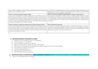 precios. Usarán estrategias de cálculo para saber cuántos productos hay de cada tipo y
realizarán un inventario de los mismos.
En esta sesión, los estudiantes jugarán en la tiendita para realizar compras con diferentes formas
de pago usando las monedas y los billetes recortables del Cuaderno de trabajo. La tiendita quedará
instalada para ser usada y modificada a lo largo del año.
Sesión 21: ¡Terminamos de escribir nuestros carteles!
En esta sesión, los estudiantes finalizarán la ambientación de los diferentes espacios y
sectores del aula escribiendo los carteles que faltan elaborar, según el planificador. Para
ello, se organizarán en equipos de trabajo y colocarán los mensajes y carteles que hayan
acordado en los distintos espacios de aprendizaje. Posteriormente, evaluarán sus logros,
no solo en cuanto a los carteles que hayan elaborado, sino también respecto al trabajo
colaborativo desempeñado en sus respectivos equipos.
Sesión 22: Escribimos y compartimos anécdotas sobre la institución educativa (parte 1)
En esta sesión, los estudiantes escucharán y leerán una anécdota. Luego, empezarán a escribir
una anécdota personal referida a sus primeras semanas en segundo grado; con este fin, realizarán
una “lluvia de ideas” y responderán preguntas para generar ideas adicionales, y las organizarán en
un cuadro de planificación. Este cuadro se usará en la siguiente sesión para la redacción final de
su anécdota.
Sesión 23: Escribimos y compartimos anécdotas sobre la institución educativa (parte 2)
En esta sesión, los estudiantes usarán el cuadro de planificación elaborado en la sesión
anterior, a fin de realizar un primer borrador de su anécdota. Luego, en parejas, revisarán
sus textos sobre la base de criterios establecidos y harán los ajustes necesarios en la
versión final. Por último, evaluarán lo aprendido, lo que les servirá para seguir mejorando
su escritura en las siguientes unidades.
Sesión 24: Evaluamos lo aprendido
En esta sesión, los estudiantes reflexionarán sobre las actividades desarrolladas en la unidad y
reconocerán los aprendizajes logrados y no logrados. A partir de ello, propondrán acciones para
mejorar en el cumplimiento de aquellas normas de convivencia y de responsabilidades que aún
deben reforzar, y que son necesarias para el bien común.
4. MATERIALES BÁSICOS Y RECURSOS A UTILIZAR
 Programa Curricular de Educación Primaria 1 y 2, 2016 (Minedu)
 Libro Comunicación1 y 2 , 2013 (Minedu)
 Cuaderno de trabajo Comunicación1 y 2 , (Minedu)
 Textos de la biblioteca del aula - dotación 2014, 2015 y 2016 (Minedu)
 Módulo de Ciencia y Tecnología: Set Laboratorio Básico, Set Juego de Investigación, Set de Peso, Volumen y Medida
 Letras móviles en tipo de letra imprenta o script
 Cuaderno de trabajo Matemática 1 y 2
 Libros de consulta de Personal Social 1 y 2
 Cuadernillos de fichas de Personal Social 1 y 2
5. REFLEXIONES SOBRE LOS APRENDIZAJES (PARA LA SIGUIENTE UNIDAD) VERIFICAR, ESTE TEXTO NO APARECE EN LAS DEMÁS UNIDADES DIDÁCTICAS
 ¿Qué avances y dificultades tuvieron los estudiantes?
 
