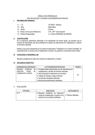 MÓDULO DE APRENDIZAJE
MULTIPLICACIÓN Y DIVISIÓN CON MÚMEROS NATURALES
I. INFORMACIÓN GENERAL:
1.1. I. E. : Nº 00532 – Betania.
1.2. Área : Matemática
1.2 Grado : Primero
1.3. Áreas con las que se Relaciona : CTA., EPT. Comunicación
1.4. Profesor Responsable : Lic. Gilmer ESPINOZA ALVARADO.
II. JUSTIFICACIÓN
En la evaluación exploratoria efectuada a los estudiantes del primer grado, se encontró que la
mayoría de estudiantes que tiene problemas al realizar las operaciones de multiplicación y división
de números naturales.
Debido a que para el desarrollo de la unidad de aprendizaje “Trabajando con números divisibles” es
importante tener un dominio de la multiplicación y división, se presenta a continuación este módulo.
III. CAPACIDAD A DESARROLLAR
Resuelve problemas de traducción simple de multiplicación y división.
IV. SECUENCIA DIDÁCTICA
APRENDIZAJE ESPERADO ACTIVIDADES/ESTRATEGIAS TIEMPO
Resuelve problemas de
traducción simple de
multiplicación y división.
• Completa tablas relacionadas con las operaciones de
multiplicación y división de números naturales.
• Hace bosquejo de relaciones con los datos.
• Trabaja en equipos y luego individual.
• Comprueba resultados obtenidos.
• Reconoce procedimientos realizados.
4h
V. EVALUACIÓN
CRITERIO INDICADOR INSTRUMENTO
R. P. • Resuelve problemas de traducción
simple de multiplicación y división en la
solución de una práctica calificada.
• Práctica calificada.
 