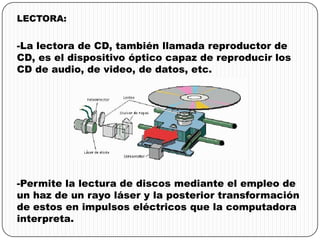 LECTORA:
-La lectora de CD, también llamada reproductor de
CD, es el dispositivo óptico capaz de reproducir los
CD de audio, de video, de datos, etc.
-Permite la lectura de discos mediante el empleo de
un haz de un rayo láser y la posterior transformación
de estos en impulsos eléctricos que la computadora
interpreta.
 