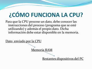 ¿CÓMO FUNCIONA LA CPU?
Para que la CPU procese un dato, debe conocer las
  instrucciones del proceso (programa que se esté
  utilizando) y además el propio dato. Dicha
  información debe estar disponible en la memoria.

Dato enviado por la CPU

                 Memoria RAM

                          Restantes dispositivos del PC
 