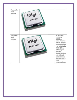 Procesador
Intel
pentium
Procesado
Intel
pentium
de la DDR3-
1333 a un
DIMM por
canal. Si no, los
DIMMs rebajan
automáticament
e su velocidad a
DDR3-1066.6
AMD asegura
que ese
comportamient
o se debe a la
fabricantes de
placas madre y
a los
ensambladores
 
