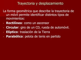 Trayectoria y desplazamiento
La forma geométrica que describe la trayectoria de
un móvil permite identificar distintos tipos de
movimientos:
- Rectilíneo: como un ascensor
- Circular: giro de un CD, rueda de automóvil.
- Elíptico: traslación de la Tierra
- Parabólico: pelota de tenis en partido
 
