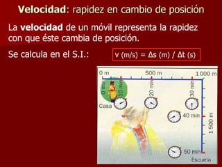 Velocidad: rapidez en cambio de posición
La velocidad de un móvil representa la rapidez
con que éste cambia de posición.
Se calcula en el S.I.: v (m/s) = Δs (m) / Δt (s)
 