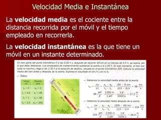 Velocidad Media e Instantánea
La velocidad media es el cociente entre la
distancia recorrida por el móvil y el tiempo
empleado en recorrerla.
La velocidad instantánea es la que tiene un
móvil en un instante determinado.
 