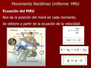 Movimiento Rectilíneo Uniforme: MRU
Ecuación del MRU
Nos da la posición del móvil en cada momento.
Se obtiene a partir de la ecuación de la velocidad:
 