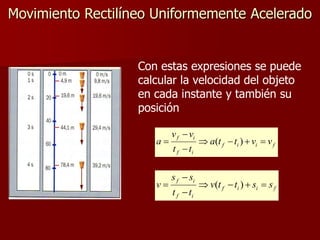 Movimiento Rectilíneo Uniformemente Acelerado
f
i
i
f
i
f
i
f
v
v
t
t
a
t
t
v
v
a 





 )
(
f
i
i
f
i
f
i
f
s
s
t
t
v
t
t
s
s
v 





 )
(
Con estas expresiones se puede
calcular la velocidad del objeto
en cada instante y también su
posición
 