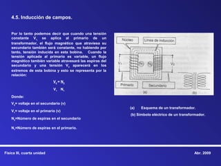 4.5. Inducción de campos.


    Por lo tanto podemos decir que cuando una tensión
    constante V1, se aplica al primario de un
    transformador, el flujo magnético que atraviesa su
    secundario también será constante, no habiendo por
    tanto, tensión inducida en esta bobina. Cuando la
    tensión aplicada al primario es variable, un flujo
    magnético también variable atravesará las espiras del
    secundario y una tensión V2 aparecerá en los
    extremos de esta bobina y esto se representa por la
    relación:
                             V 2 = N2

                             V1 N1

    Donde:
    V2= voltaje en el secundario (v)
                                                            (a)   Esquema de un transformador.
    V1= voltaje en el primario (v)
                                                            (b) Símbolo eléctrico de un transformador.
    N2=Número de espiras en el secundario

    N1=Número de espiras en el primario.




Física III, cuarta unidad                                                                      Abr. 2009
 