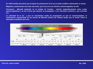 En 1845 Faraday descubrió que el ángulo de polarización de la luz se podía modificar aplicándole un campo
      Magnético, proponiendo dos años mas tarde, que la luz era una vibración electromagnética de alta
      Frecuencia . Maxwell inspirado en el trabajo de Faraday , estudio matemáticamente estas ondas
      electromagnéticas y se dio cuenta que siempre se propagaban a una velocidad constante y que coincidía
      con
      La velocidad de la luz y que no necesitaban medio de propagación ya que se autopropagaban, la
      confirmación experimental de las teorías de Maxwell eliminó las ultimas dudas que se tenían sobre la
      naturaleza ondulatoria de la luz.




Física III, cuarta unidad                                                                                Abr. 2009
 