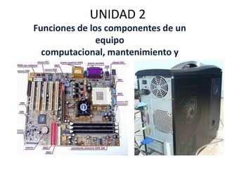 UNIDAD 2
Funciones de los componentes de un
               equipo
  computacional, mantenimiento y
              cambio
 