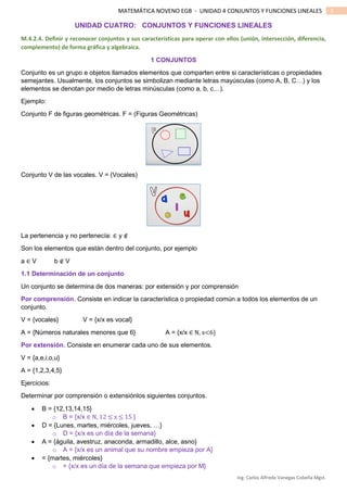 Ing. Carlos Alfredo Vanegas Cobeña Mgst.
1MATEMÁTICA NOVENO EGB - UNIDAD 4 CONJUNTOS Y FUNCIONES LINEALES
UNIDAD CUATRO: CONJUNTOS Y FUNCIONES LINEALES
M.4.2.4. Definir y reconocer conjuntos y sus características para operar con ellos (unión, intersección, diferencia,
complemento) de forma gráfica y algebraica.
1 CONJUNTOS
Conjunto es un grupo e objetos llamados elementos que comparten entre si características o propiedades
semejantes. Usualmente, los conjuntos se simbolizan mediante letras mayúsculas (como A, B, C…) y los
elementos se denotan por medio de letras minúsculas (como a, b, c…).
Ejemplo:
Conjunto F de figuras geométricas. F = (Figuras Geométricas)
Conjunto V de las vocales. V = (Vocales)
La pertenencia y no pertenecía: ∈ y ∉
Son los elementos que están dentro del conjunto, por ejemplo
a ∈ V b ∉ V
1.1 Determinación de un conjunto
Un conjunto se determina de dos maneras: por extensión y por comprensión
Por comprensión. Consiste en indicar la característica o propiedad común a todos los elementos de un
conjunto.
V = {vocales} V = {x/x es vocal}
A = {Números naturales menores que 6} A = {x/x ∈ N, x<6}
Por extensión. Consiste en enumerar cada uno de sus elementos.
V = {a,e,i,o,u}
A = {1,2,3,4,5}
Ejercicios:
Determinar por comprensión o extensiónlos siguientes conjuntos.
 B = {12,13,14,15}
o B = {x/x ∈ N, 12 ≤ x ≤ 15 }
 D = {Lunes, martes, miércoles, jueves, …}
o D = {x/x es un día de la semana}
 A = {águila, avestruz, anaconda, armadillo, alce, asno}
o A = {x/x es un animal que su nombre empieza por A}
 = {martes, miércoles}
o = {x/x es un día de la semana que empieza por M}
 