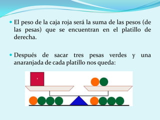 El peso de la caja roja será la suma de las pesos (de las pesas) que se encuentran en el platillo de derecha.Después de sacar tres pesas verdes y una anaranjada de cada platillo nos queda: