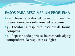 PASOS PARA RESOLVER UN PROBLEMA4.- Llevar a cabo el plan: utilizar las operaciones para solucionar el problema.5.- Escribir la respuesta: escribir de forma completa.6.- Repasar  todo por si se ha escapado algo y comprobar si la respuesta es lógica