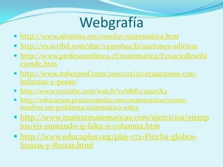 Webgrafíahttp://www.altisimo.net/escolar/matematica.htmhttp://es.scribd.com/doc/14500691/Ecuaciones-aditivashttp://www.profesorenlinea.cl/matematica/EcuacioResolucionde.htmhttp://www.roberprof.com/2010/02/21/ecuaciones-con-balanzas-y-pesas/http://www.youtube.com/watch?v=b8dLc3uamX4http://educacion.practicopedia.com/matematicas/como-resolver-un-problema-matematico-10613http://www.mamutmatematicas.com/ejercicios/ejemplos/ej1-sumando-q-falta-n-columna.htmhttp://www.educaplus.org/play-172-Pincha-globos-Sumas-y-Restas.html