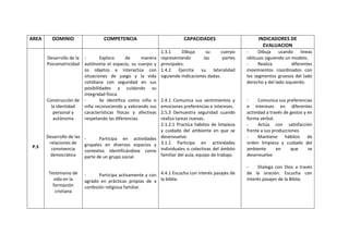 AREA DOMINIO COMPETENCIA CAPACIDADES INDICADORES DE
EVALUACION
P.S
Desarrollo de la
Psicomotricidad
Construcción de
la identidad
personal y
autónoma
Desarrollo de las
relaciones de
convivencia
democrática
Testimonio de
vida en la
formación
cristiana
- Explora de manera
autónoma el espacio, su cuerpo y
os objetos e interactúa con
situaciones de juego y la vida
cotidiana con seguridad en sus
posibilidades y cuidando su
integridad física.
- Se identifica como niño o
niña reconociendo y valorando sus
características físicas y afectivas
respetando las diferencias.
- Participa en actividades
grupales en diversos espacios y
contextos identificándose como
parte de un grupo social.
- Participa activamente y con
agrado en prácticas propias de a
confesión religiosa familiar.
1.3.1 Dibuja su cuerpo
representando las partes
principales.
1.4.2 Ejercita su lateralidad
siguiendo indicaciones dadas.
2.4.1 Comunica sus sentimientos y
emociones preferencias e intereses.
2.5.3 Demuestra seguridad cuando
realiza tareas nuevas.
2.1.2.1 Practica hábitos de limpieza
y cuidado del ambiente en que se
desenvuelve.
3.1.1 Participa en actividades
individuales o colectivas del ámbito
familiar del aula, equipo de trabajo.
4.4.1 Escucha con interés pasajes de
la biblia.
- Dibuja usando líneas
oblicuas siguiendo un modelo.
- Realiza diferentes
movimientos coordinados con
los segmentos gruesos del lado
derecho y del lado izquierdo.
- Comunica sus preferencias
e intereses en diferentes
actividad a través de gestos y en
forma verbal.
- Actúa con satisfacción
frente a sus producciones.
- Mantiene hábitos de
orden limpieza y cuidado del
ambiente en que se
desenvuelve.
- Dialoga con Dios a través
de la oración. Escucha con
interés pasajes de la Biblia.
 