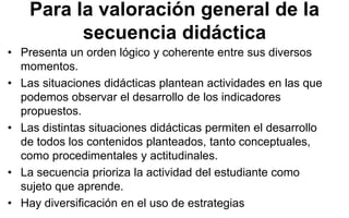 Para la valoración general de la
secuencia didáctica
• Presenta un orden lógico y coherente entre sus diversos
momentos.
• Las situaciones didácticas plantean actividades en las que
podemos observar el desarrollo de los indicadores
propuestos.
• Las distintas situaciones didácticas permiten el desarrollo
de todos los contenidos planteados, tanto conceptuales,
como procedimentales y actitudinales.
• La secuencia prioriza la actividad del estudiante como
sujeto que aprende.
• Hay diversificación en el uso de estrategias
 