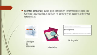  Fuentes terciarias: guías que contienen información sobre las
fuentes secundarias. Facilitan el control y el acceso a distintas
referencias.
Catálogos
de
bibliotecas
directorios
bibliografías
 